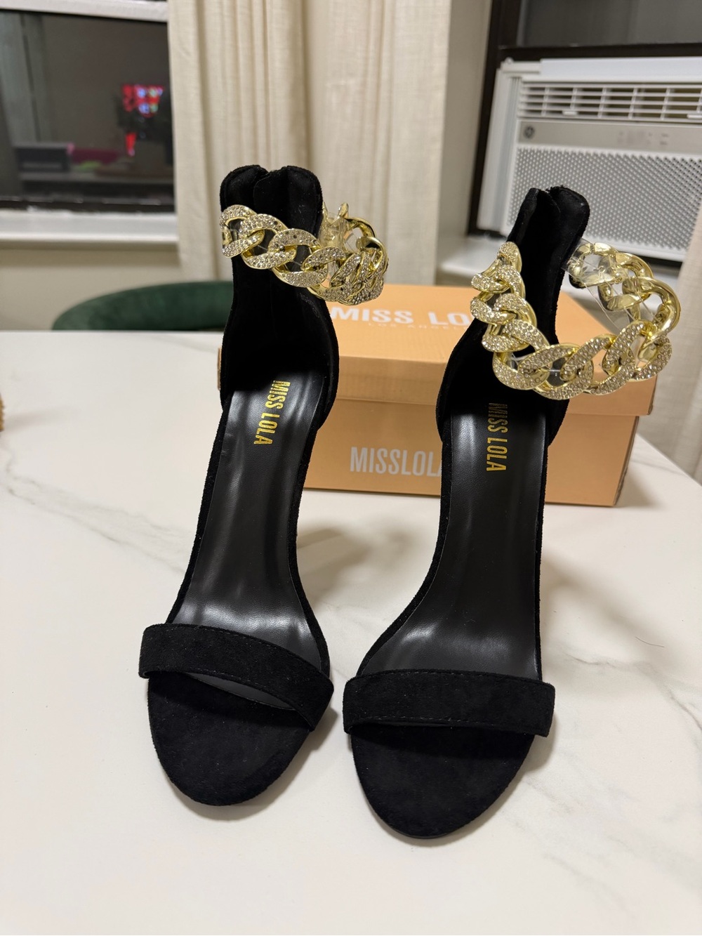 Miss Lola Black Suede Stiletto Heels with Gold Chain Ankle Strap